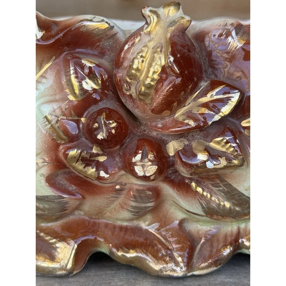 Vintage 40s-50s Ceramic Planter Vase Pomegranate And Leaves Gold Accents Crazing
